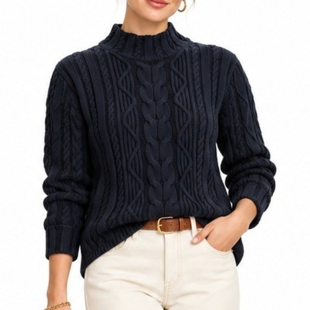 Talbots Cable Knit Sweater Womens M Black Mock Neck Cotton Pullover Classic